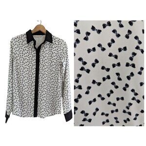 Bow Print Black and White Women's Button Down Shirt Size S